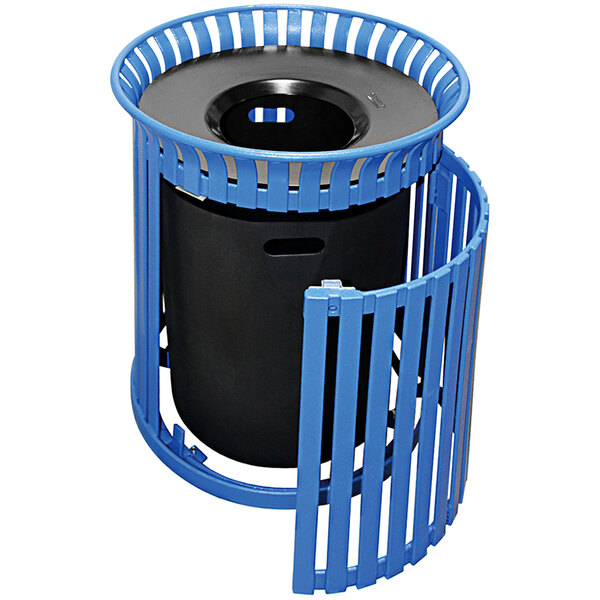 A blue trash can with a black aluminum funnel lid and side door.