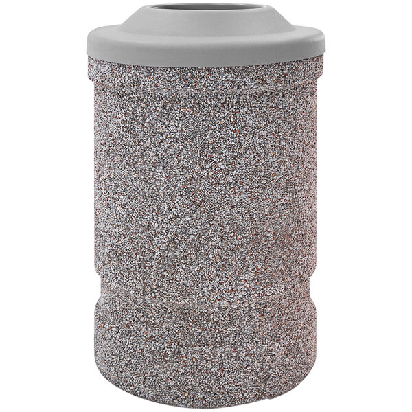 A gray Wausau Tile concrete round trash receptacle with a plastic lid.