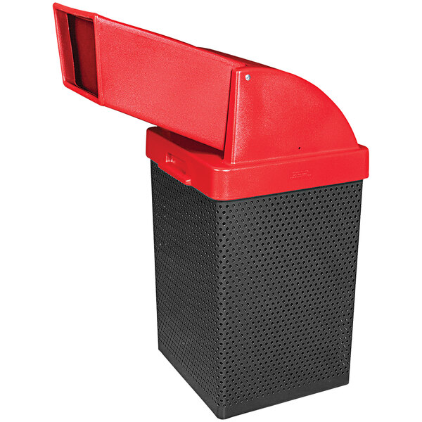 A red Wausau Tile steel trash can with a red plastic lid.