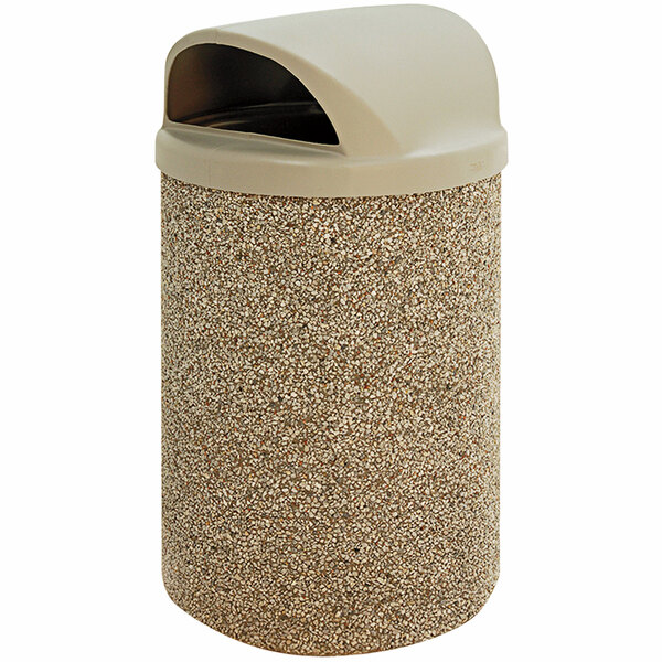 A beige Wausau Tile round concrete trash receptacle with a plastic lid.