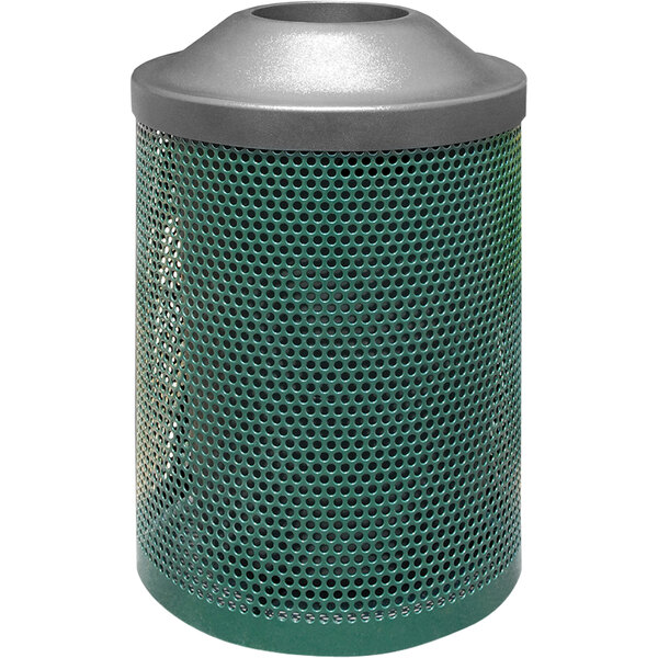A green Wausau Tile steel round trash receptacle with a black plastic pitch-in lid.