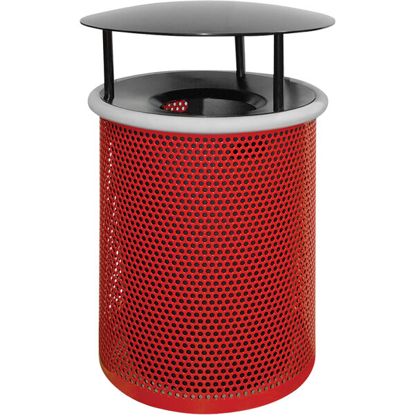 A red Wausau Tile steel round trash receptacle with a black aluminum funnel lid and rain hood.