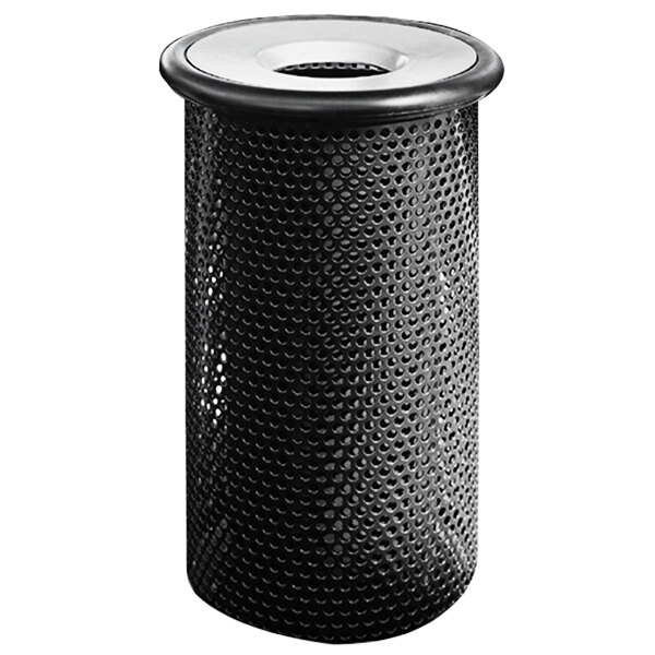 A black metal Wausau Tile round trash can with an aluminum funnel lid.