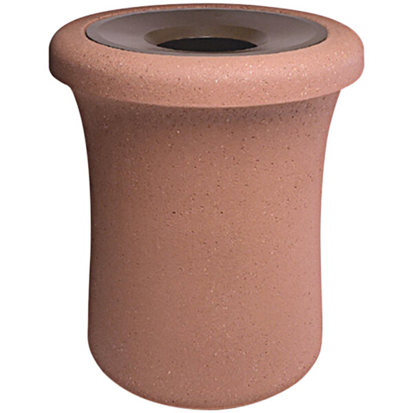 A brown cylindrical Wausau Tile trash receptacle with an aluminum funnel lid.