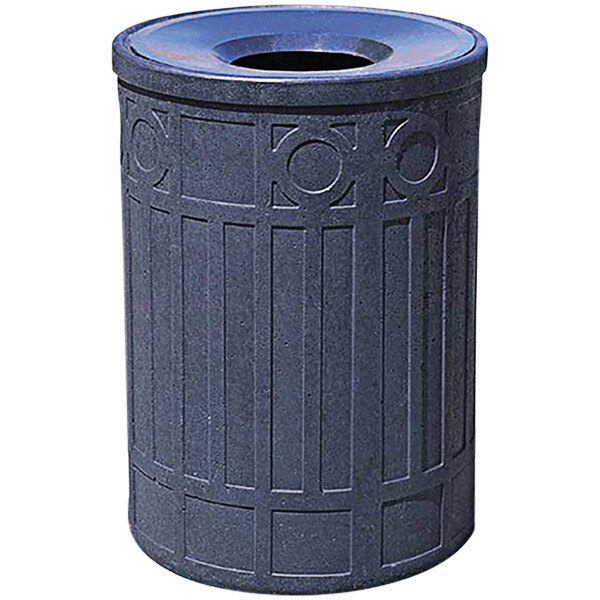 A black Wausau Tile decorative outdoor trash can with an aluminum funnel lid.