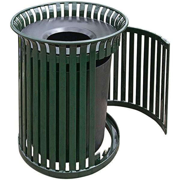 A green Wausau Tile steel trash receptacle with an aluminum funnel lid and side door.