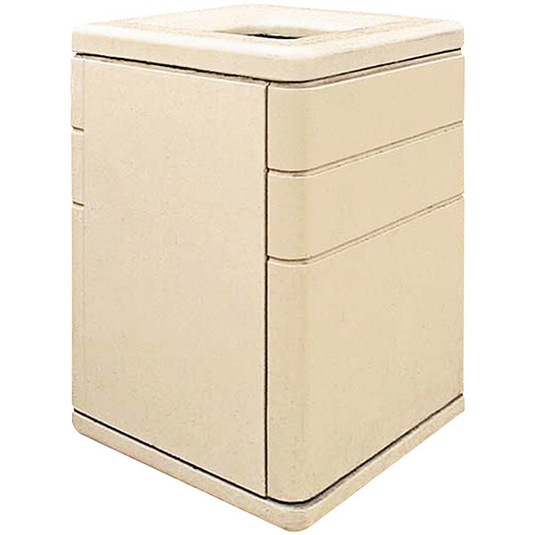 A beige square concrete trash receptacle with a square lid and a side door.