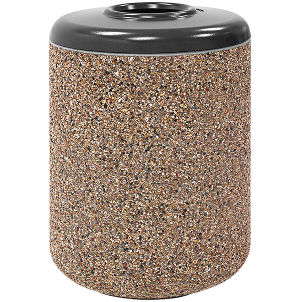 A Wausau Tile round concrete trash receptacle with a black lid.