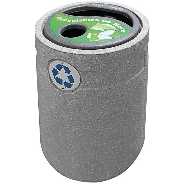 A grey garbage can with a recycle symbol on the lid.