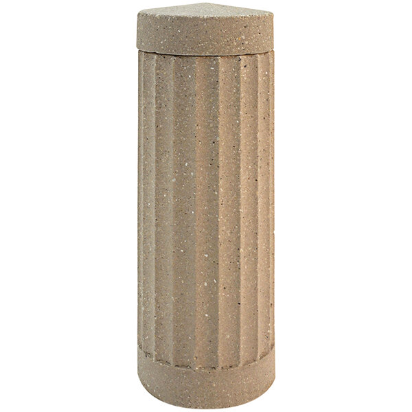 A beige cylindrical Wausau Tile bollard with a lid.