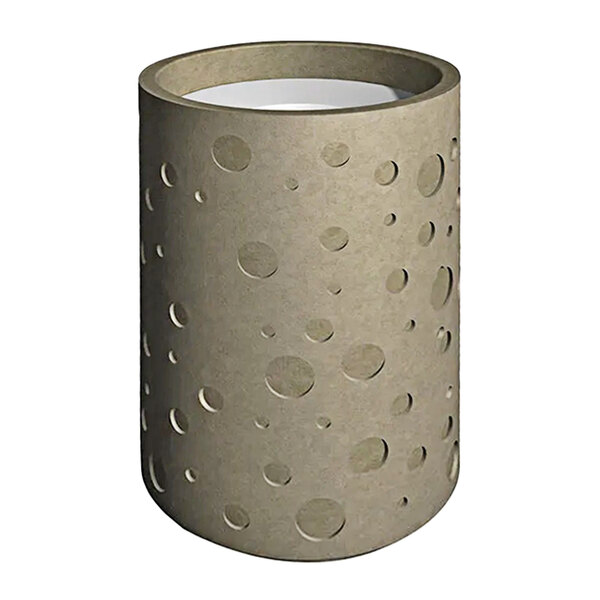 A cylindrical concrete waste receptacle with a decorative pattern and an aluminum lid.