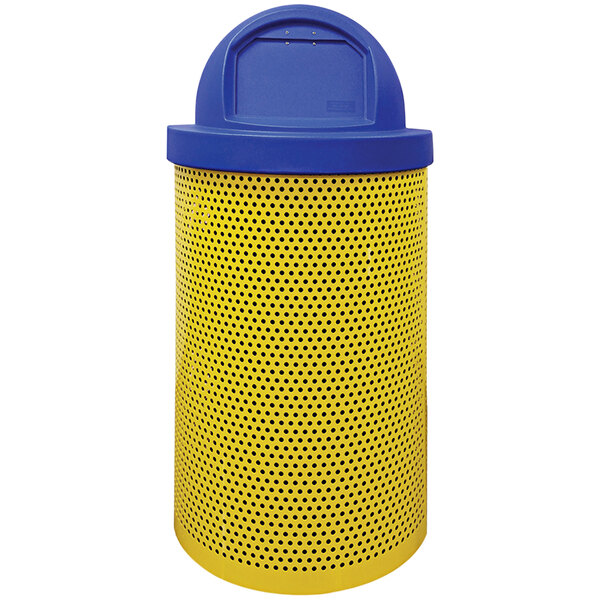 A yellow and blue Wausau Tile steel round trash receptacle with a plastic push door lid.