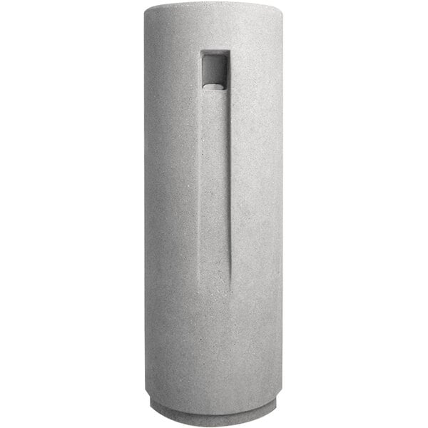 A white Wausau Tile round concrete cigarette ash receptacle with a hole in the top.