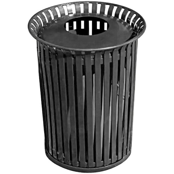 A black metal Wausau Tile round trash receptacle with a low-profile lid.