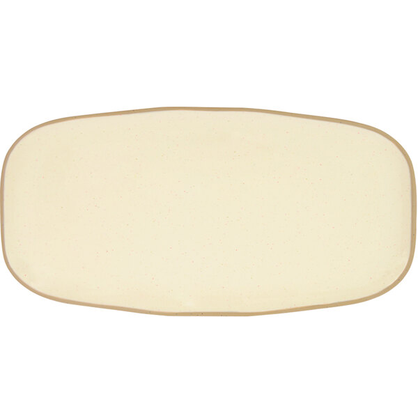 A white rectangular melamine plate with tan and brown edges.