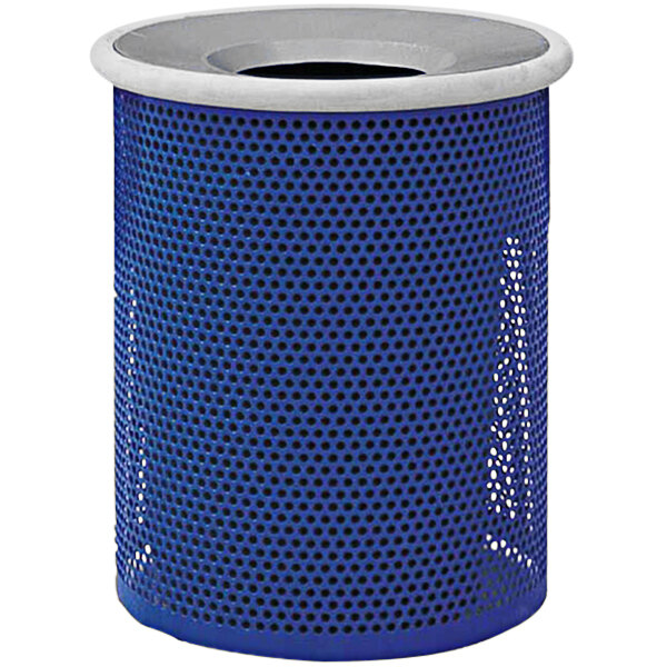 A blue and white Wausau Tile steel cylinder with a white aluminum funnel lid.