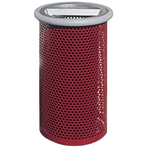 A red and grey cylindrical Wausau Tile outdoor trash receptacle with an aluminum ash-n-trash lid.