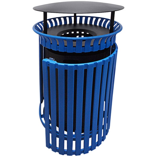 A blue Wausau Tile steel trash receptacle with a black aluminum funnel lid.
