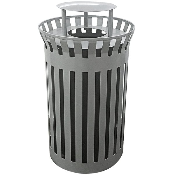 A grey Wausau Tile steel trash receptacle with a funnel lid and rain hood.