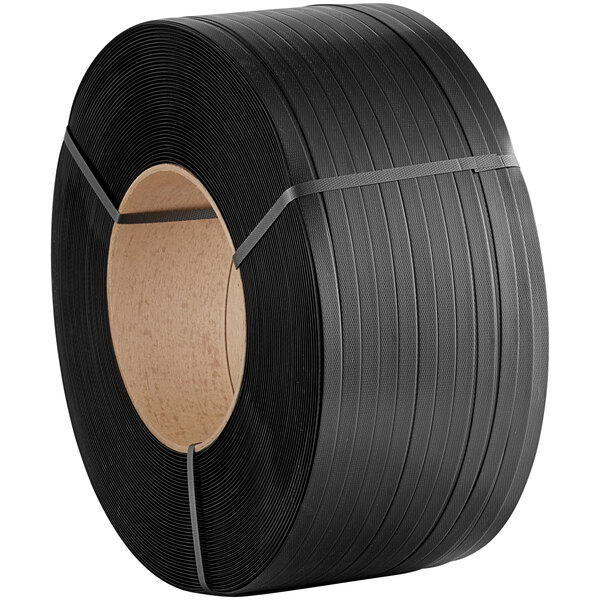 A roll of black plastic strapping with an 8" x 8" core.