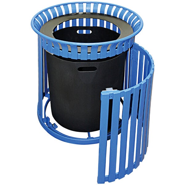 A blue Wausau Tile steel trash receptacle with a wide black aluminum funnel lid and side door.