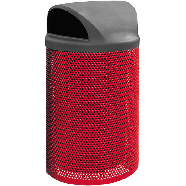 A red steel Wausau Tile City trash receptacle with a black plastic dome lid.