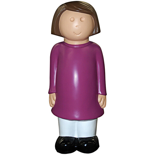 A purple and white plastic figurine of a girl.