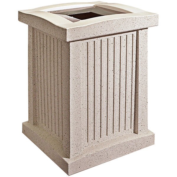 A beige square Wausau Tile trash receptacle with an aluminum lid.