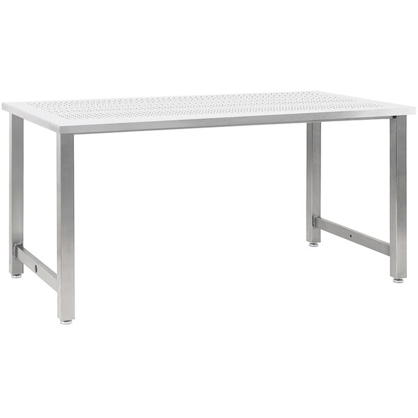 A white stainless steel workbench with a metal frame and legs.