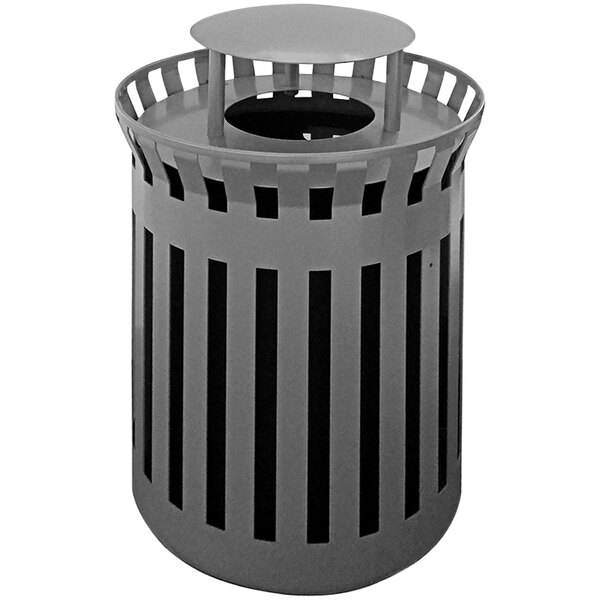 A grey metal Wausau Tile trash can with an aluminum funnel lid and rain hood.