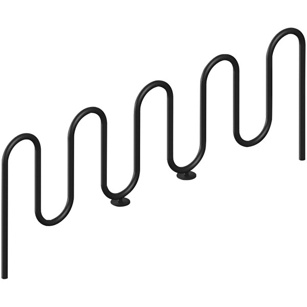 A black spiral-shaped Wausau Tile metal bike rack with nine loops.