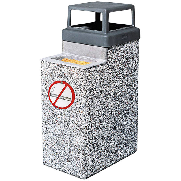 A Wausau Tile square concrete ash and trash receptacle with a no smoking sign on the top.