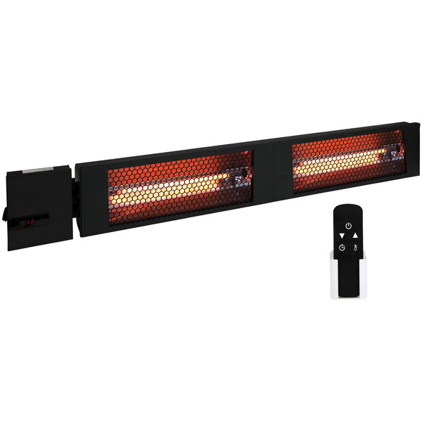 A black rectangular King Electric Smart Wave double carbon fiber radiant heater with a red light and remote control.