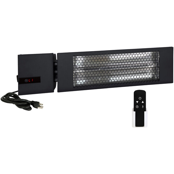 A black King Electric carbon fiber radiant heater with a remote control.