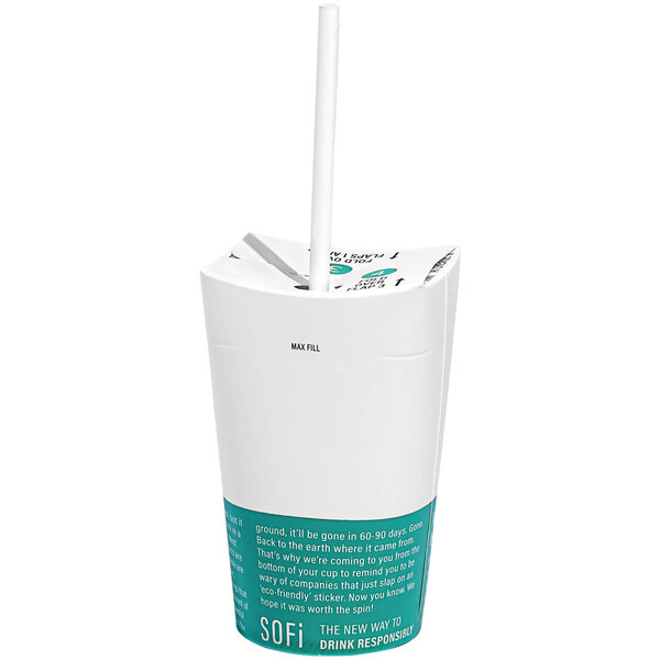 A white SOFi paper cold cup with a straw and a green straw lid.