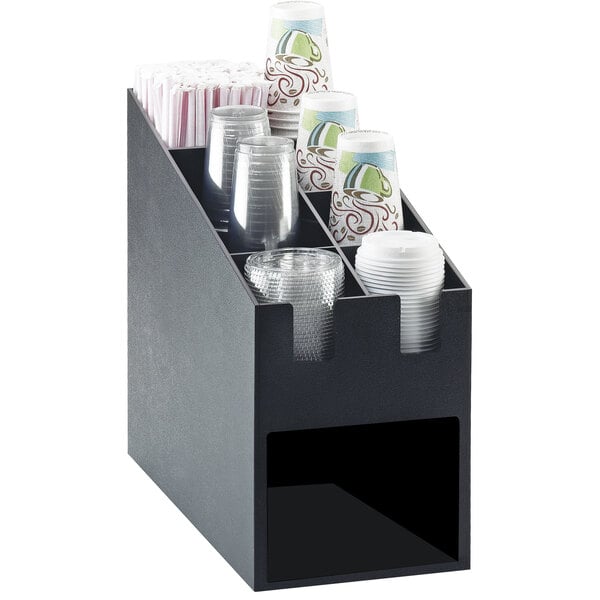 A black Cal-Mil countertop organizer with a variety of cups and straws.