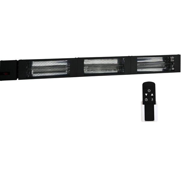 A black wall mounted King Electric Smart Wave Radiant Heater with a black remote.