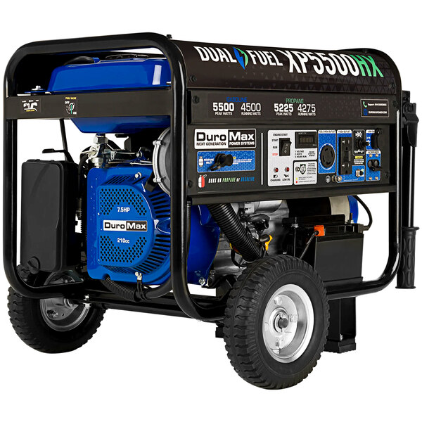 A close-up of a DuroMax portable generator with wheels and a blue cover.