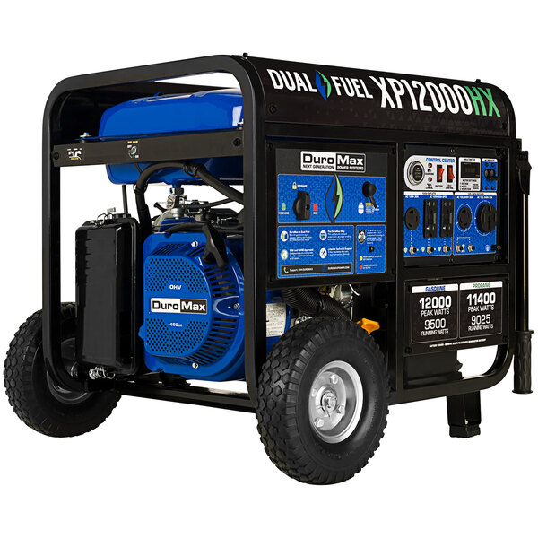 A close-up of a blue and black DuroMax portable generator with wheels.