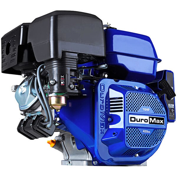 A blue and black DuroMax gasoline engine with a silver shaft.