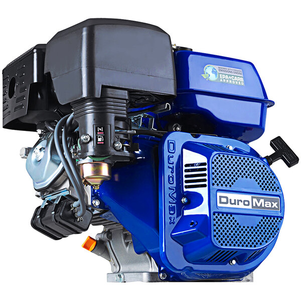 A blue, black, and silver DuroMax gasoline engine with a 1" shaft.