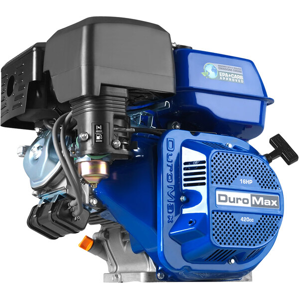A blue and black DuroMax XP16HP gasoline engine.