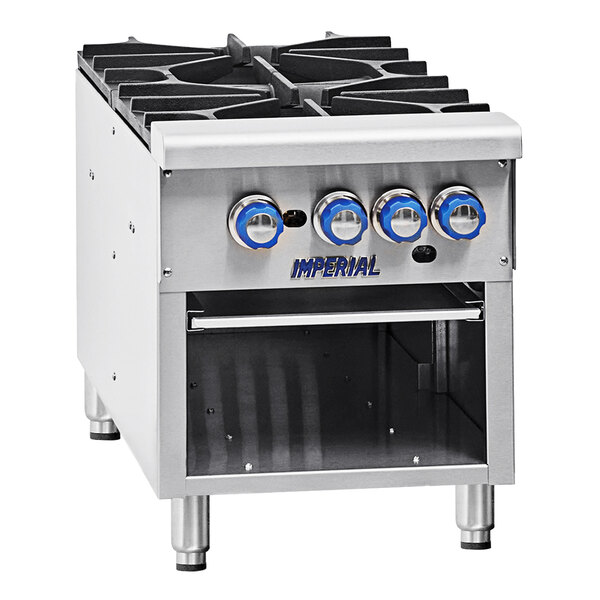 An Imperial Range stainless steel 2 burner stock pot range with blue knobs.