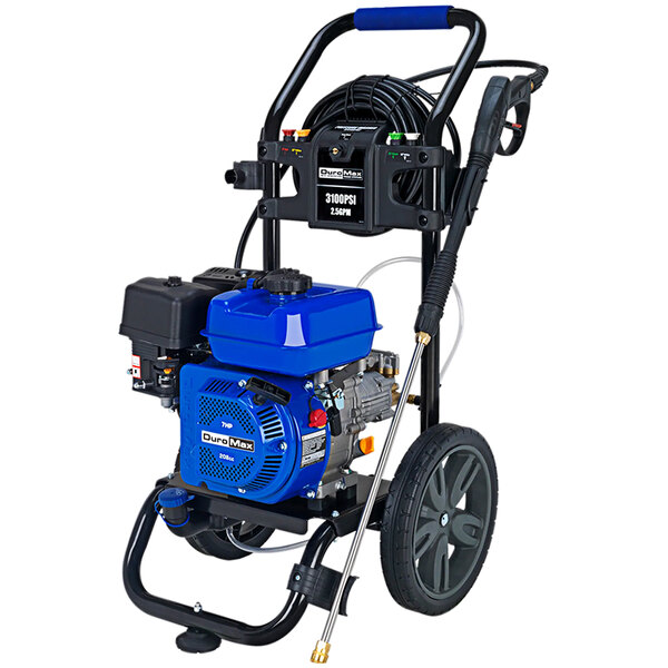 A blue and black DuroMax pressure washer with a hose attached.