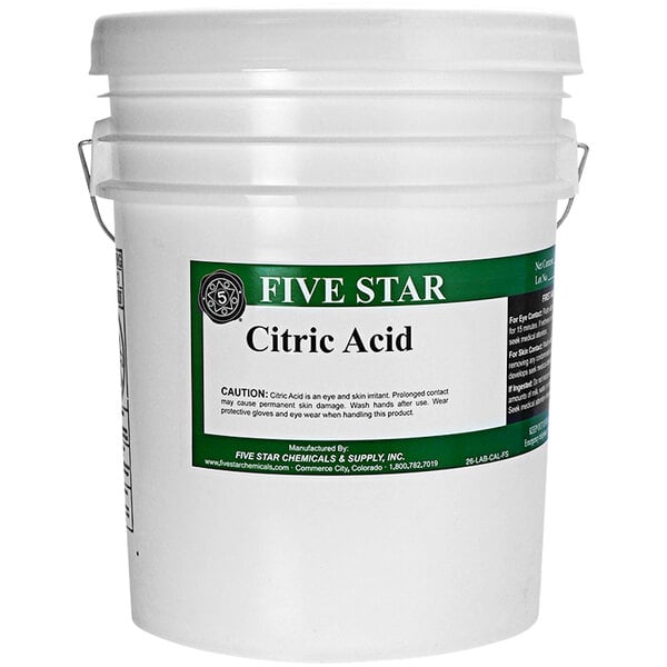 A white Five Star Chemicals bucket with a green label.