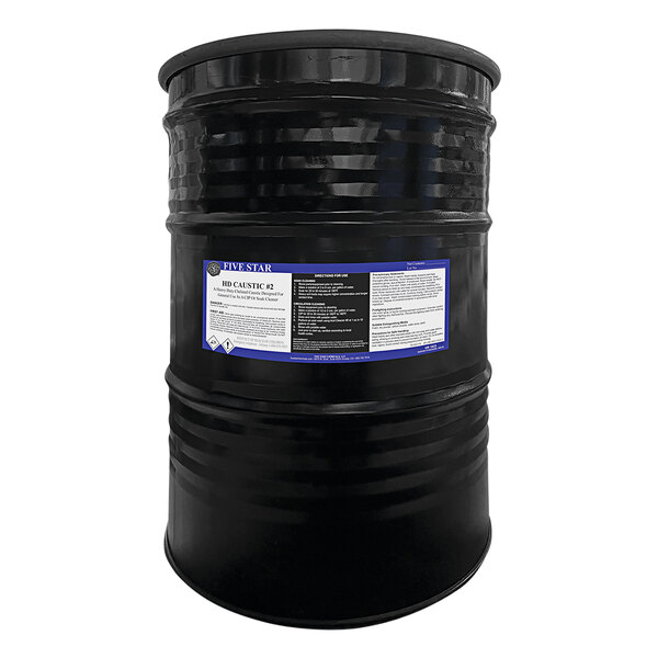 A black barrel with a white label for Five Star Chemicals HD Caustic #2.