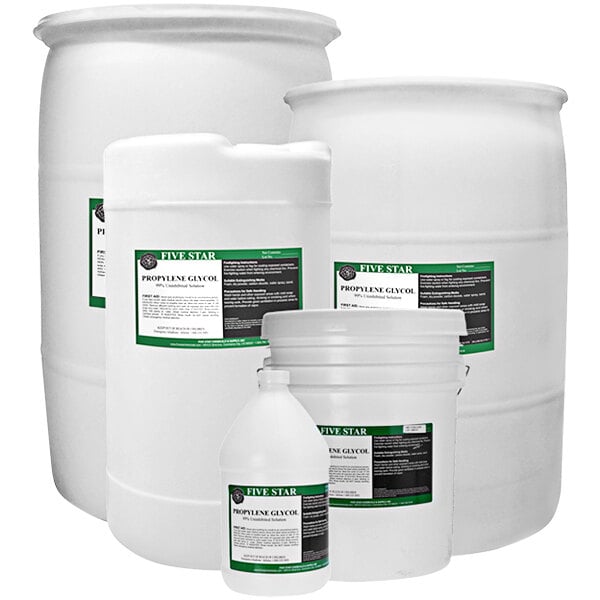 A white plastic barrel of Five Star Chemicals Food-Grade Propylene Glycol with a green label.