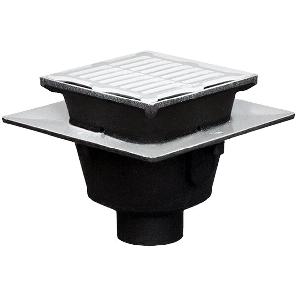 A black and silver Josam square cast iron floor sink with grate.