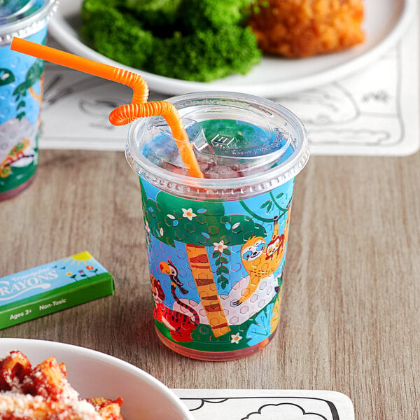 Dart Plastic Kids' Cups with Lids/Straws, 12 oz, Jungle Print (CC12CJ5145)