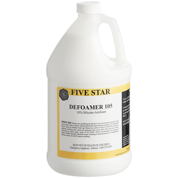 A white jug with a yellow and black label for Five Star Chemicals Defoamer.
